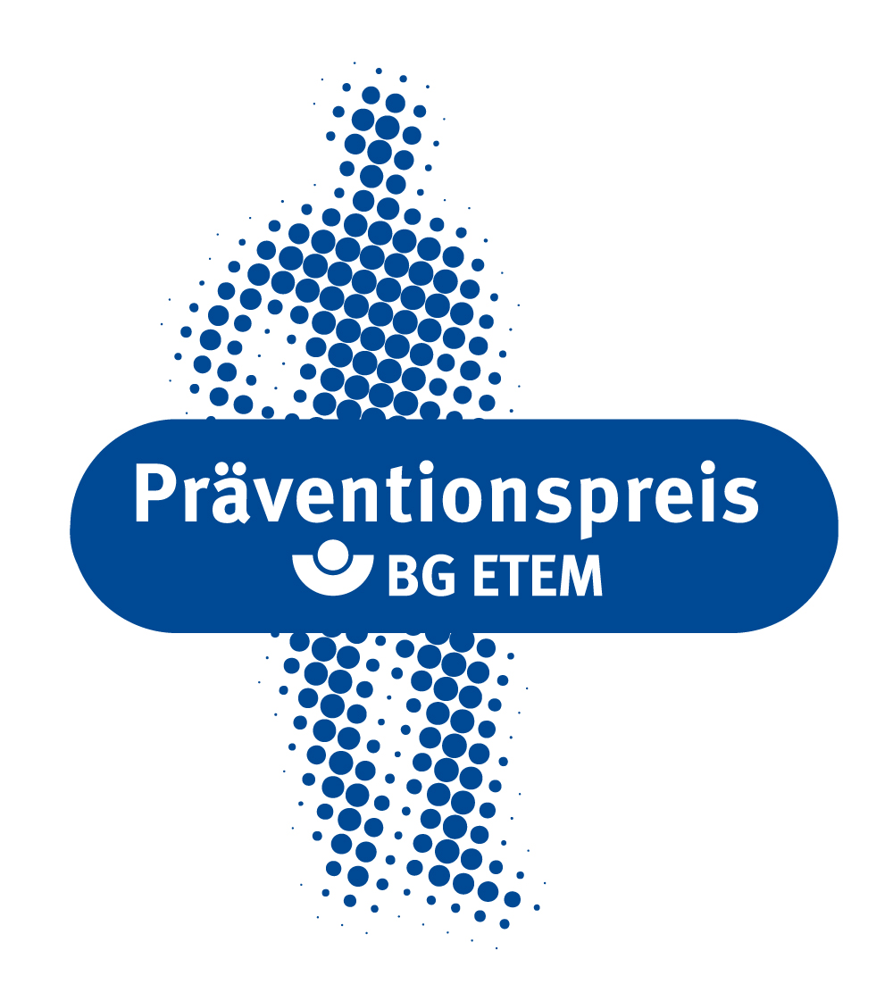 Das Logo für den Präventionspreis der BG ETEM zeigt ein Personensilhouette in blauen Punkten mit einem Banner mit der Aufschrift: Präventionspreis BG ETEM.