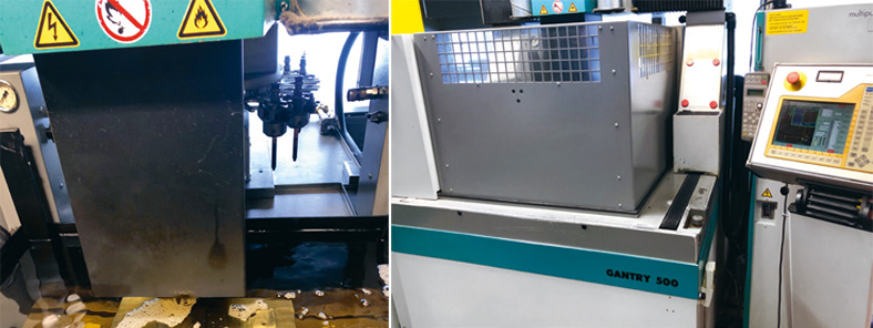 Zwei Ausschnittsbilder einer Erodiermaschine, links mit Wasser und glänzenden Metallteilen, rechts mit Bedienkonsole und Verkleidung.