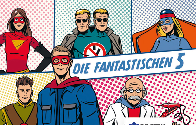 Mehrere Comic-Superhelden sind in gerasterten Bildfeldern verteilt. Ein Banner zeigt die Aufschrift: Die Fantastischen 5.
