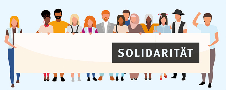 Illustration einer demonstrierenden, diversen Menschengruppe vor einem Banner, auf dem groß „Solidarität“ steht.