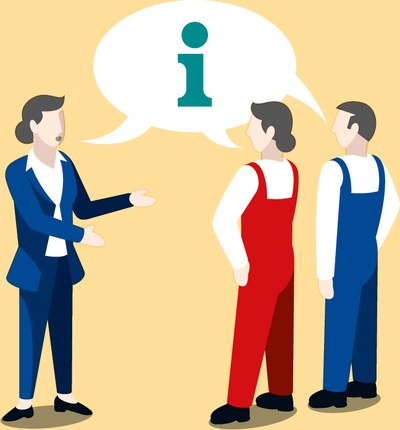 Illustration: Eine Person im Anzug spricht mit zwei Handwerkern. In der gemeinsamen Sprechblase darüber steht „i“. 