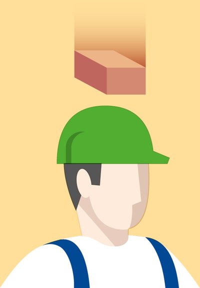 Illustration eines Arbeiters mit grünem Helm, dem ein Ziegelstein auf den Kopf fällt.