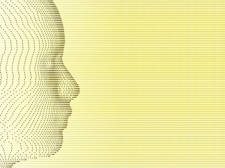 Darstellung eines Menschenkopfs im Profil aus Zeilen im selben Abstand zueinander, auf denen kleine Punkte in unterschiedlicher Anordnung liegen, sodass sie als Ganzes den Kopf erkennen lassen.