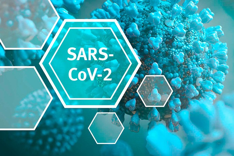 Coronaviren in türkis mit Aufschrift SARS-CoV-2.