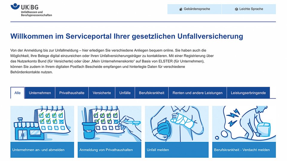 Startseite des Serviceportals der gesetzlichen Unfallversicherung mit verschiedenen Kacheln