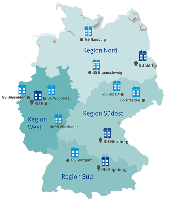 Deutschlandkarte mit der Gebietsaufteilung und den Standorten des Bereichs Rehabilitation